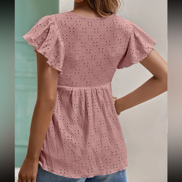 Elegant Peplum Tie Flutter Sleeve Eyelet Embroidered Top Blouse Shirt Dusty Pink - Picture 5 of 15